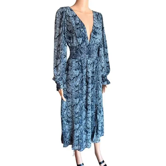Reformation Aries Midi Dress Blue Snakeskin Smocked Plunge Long Sleeve Small - Picture 5 of 8